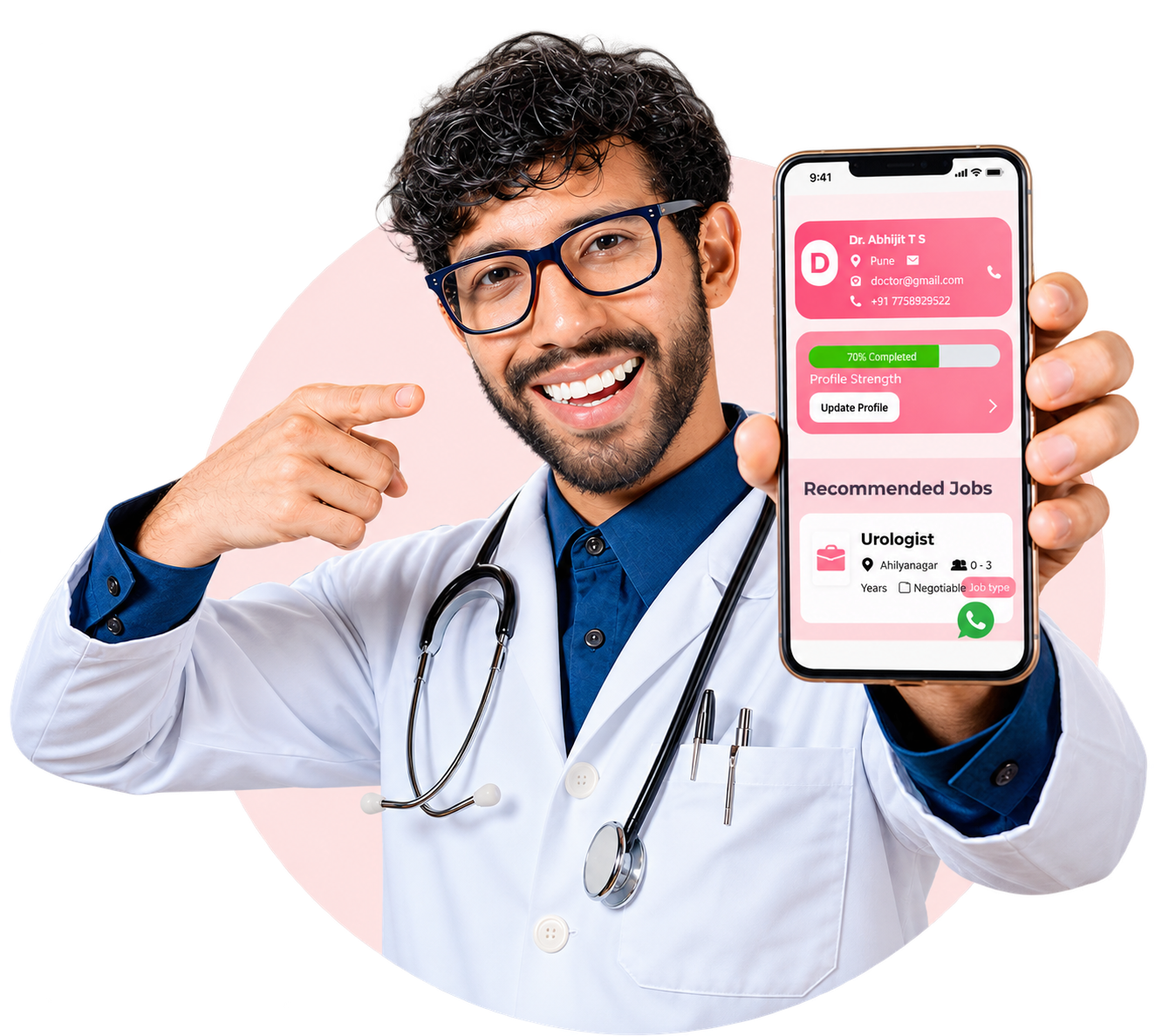 Doctor showing healthcare job opportunities on a mobile phone